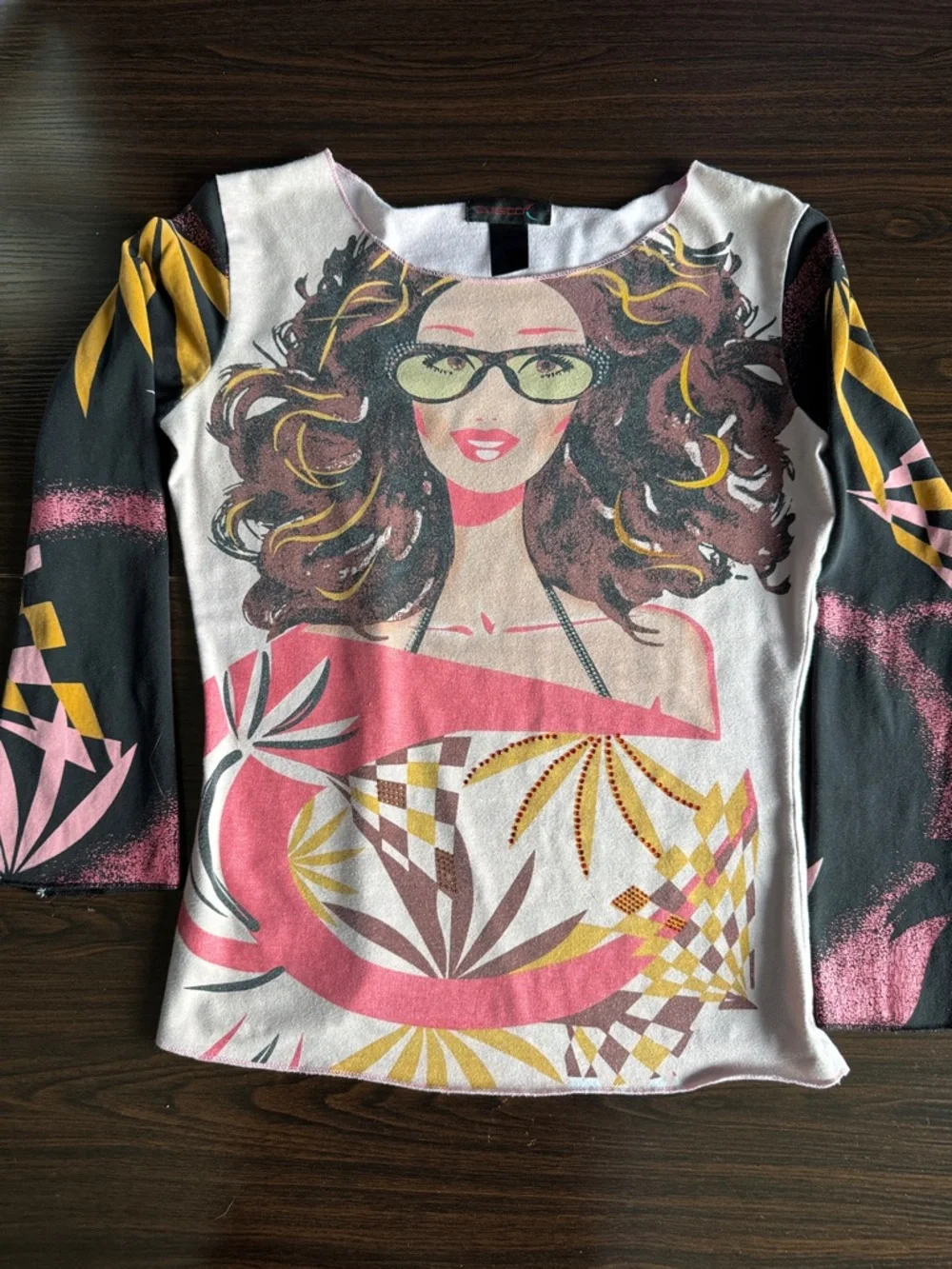 Custo Barcelona Multicolor Graphic Long Sleeve Top — Pink, Black & Yellow - Picture 1 of 5